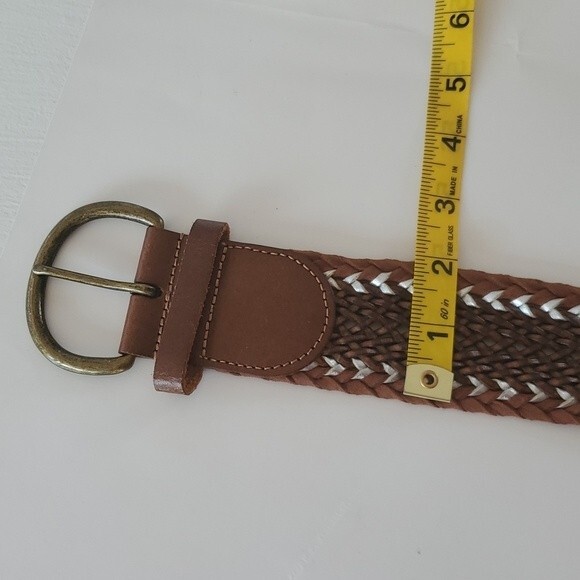 BROWN SILVER WIDE LEATHER BRAIDED WOVEN BELT SIZE MEDIUM BROWN SILVER BRASS - Picture 5 of 5